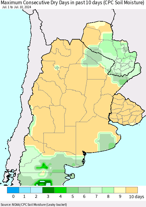 Southern South America Maximum Consecutive Dry Days in past 10 days (CPC Soil Moisture) Thematic Map For 7/6/2024 - 7/10/2024