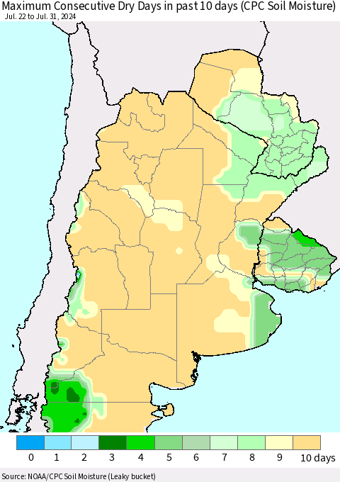 Southern South America Maximum Consecutive Dry Days in past 10 days (CPC Soil Moisture) Thematic Map For 7/26/2024 - 7/31/2024