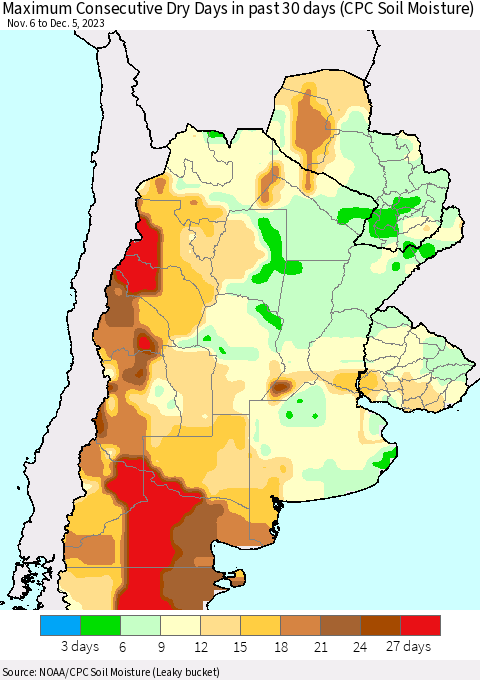 Southern South America Maximum Consecutive Dry Days in past 30 days (CPC Soil Moisture) Thematic Map For 12/1/2023 - 12/5/2023