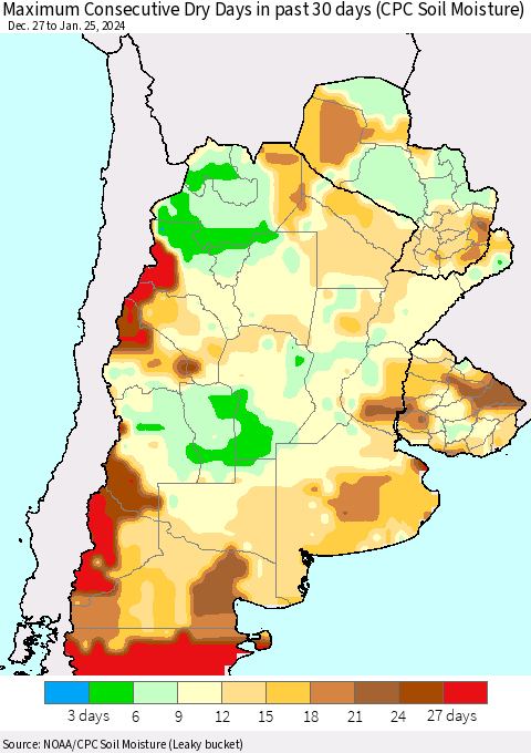 Southern South America Maximum Consecutive Dry Days in past 30 days (CPC Soil Moisture) Thematic Map For 1/21/2024 - 1/25/2024