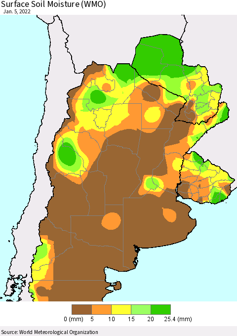 Southern South America Surface Soil Moisture (WMO) Thematic Map For 1/1/2022 - 1/5/2022
