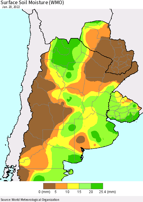 Southern South America Surface Soil Moisture (WMO) Thematic Map For 1/16/2022 - 1/20/2022