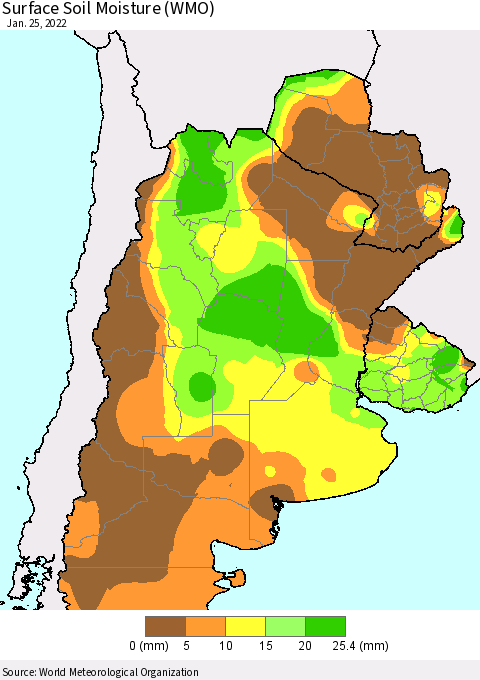 Southern South America Surface Soil Moisture (WMO) Thematic Map For 1/21/2022 - 1/25/2022