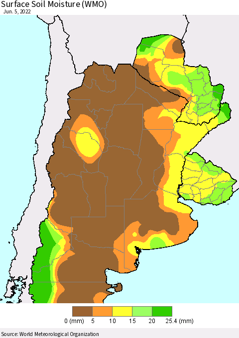 Southern South America Surface Soil Moisture (WMO) Thematic Map For 6/1/2022 - 6/5/2022