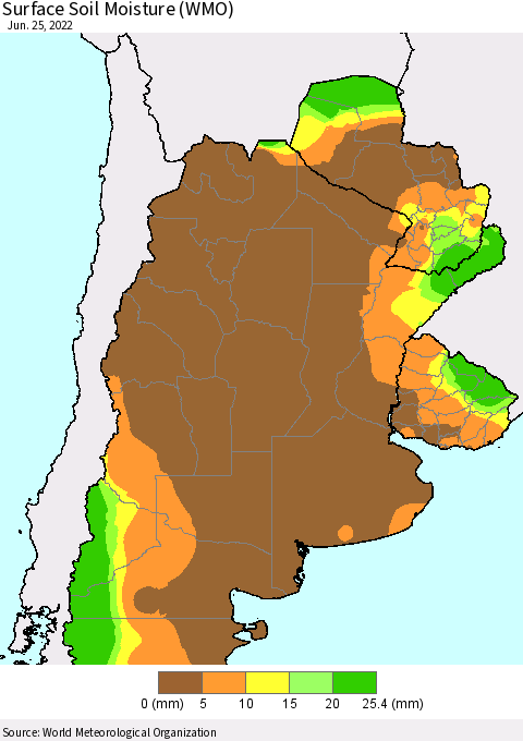 Southern South America Surface Soil Moisture (WMO) Thematic Map For 6/21/2022 - 6/25/2022
