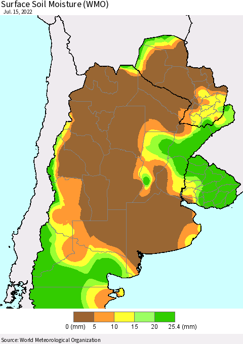 Southern South America Surface Soil Moisture (WMO) Thematic Map For 7/11/2022 - 7/15/2022