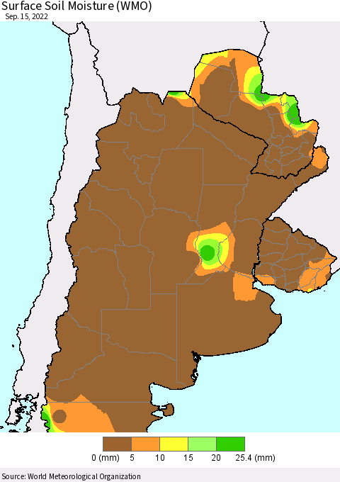 Southern South America Surface Soil Moisture (WMO) Thematic Map For 9/11/2022 - 9/15/2022