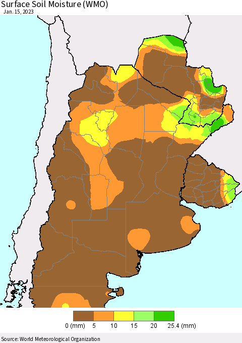 Southern South America Surface Soil Moisture (WMO) Thematic Map For 1/11/2023 - 1/15/2023