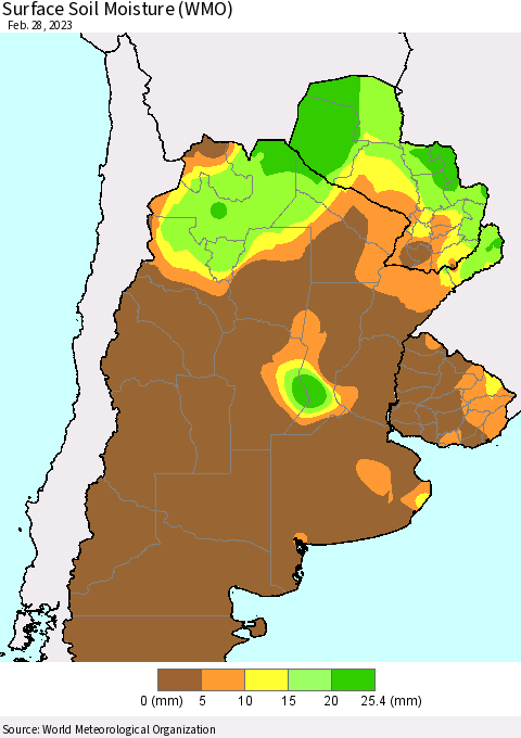 Southern South America Surface Soil Moisture (WMO) Thematic Map For 2/26/2023 - 2/28/2023