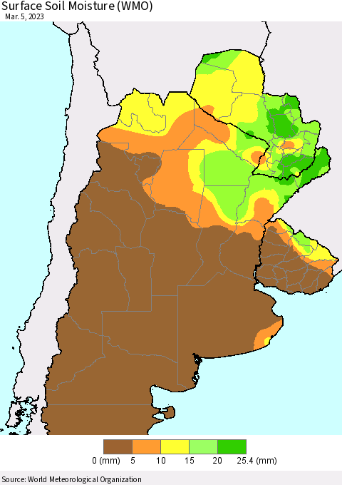 Southern South America Surface Soil Moisture (WMO) Thematic Map For 3/1/2023 - 3/5/2023