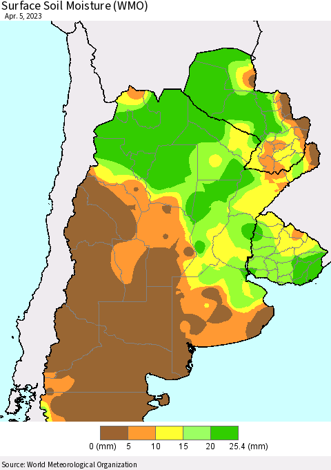 Southern South America Surface Soil Moisture (WMO) Thematic Map For 4/1/2023 - 4/5/2023