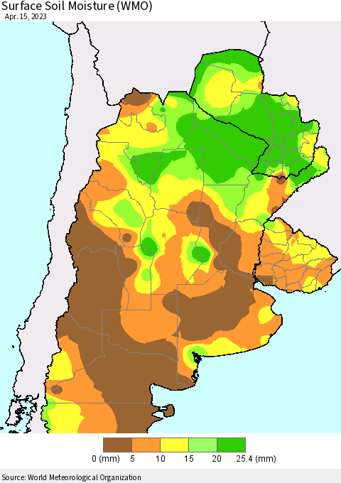 Southern South America Surface Soil Moisture (WMO) Thematic Map For 4/11/2023 - 4/15/2023