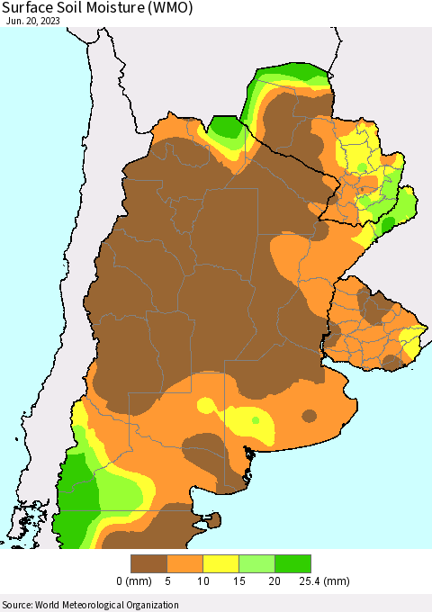 Southern South America Surface Soil Moisture (WMO) Thematic Map For 6/16/2023 - 6/20/2023