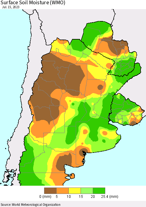 Southern South America Surface Soil Moisture (WMO) Thematic Map For 7/11/2023 - 7/15/2023