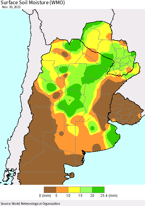 Southern South America Surface Soil Moisture (WMO) Thematic Map For 11/26/2023 - 11/30/2023