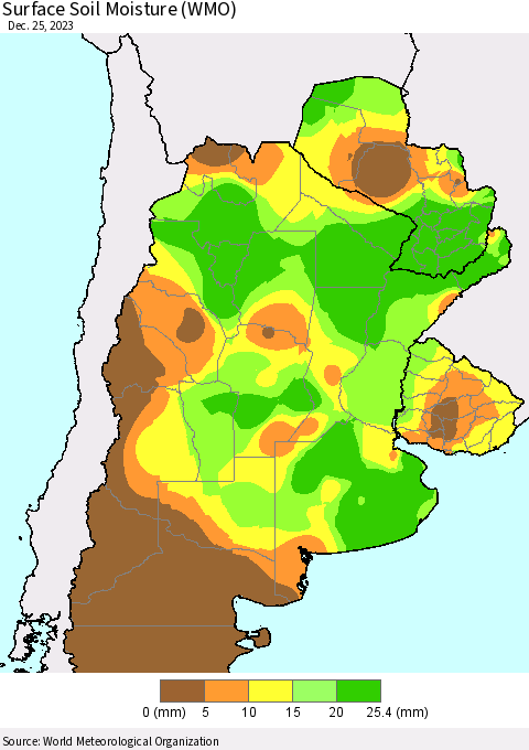 Southern South America Surface Soil Moisture (WMO) Thematic Map For 12/21/2023 - 12/25/2023