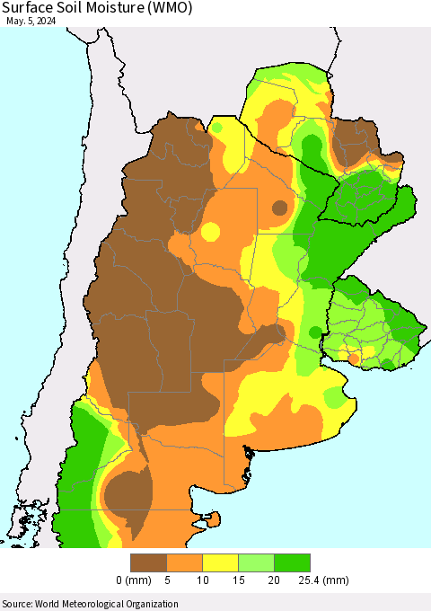 Southern South America Surface Soil Moisture (WMO) Thematic Map For 5/1/2024 - 5/5/2024