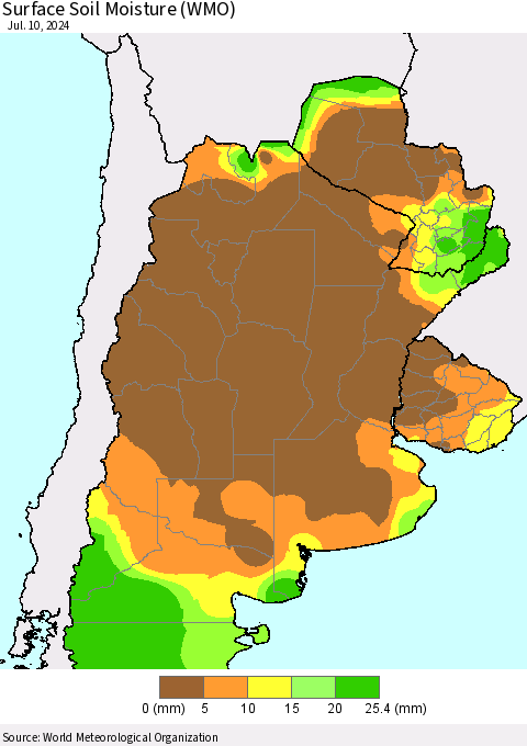 Southern South America Surface Soil Moisture (WMO) Thematic Map For 7/6/2024 - 7/10/2024