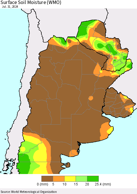 Southern South America Surface Soil Moisture (WMO) Thematic Map For 7/26/2024 - 7/31/2024