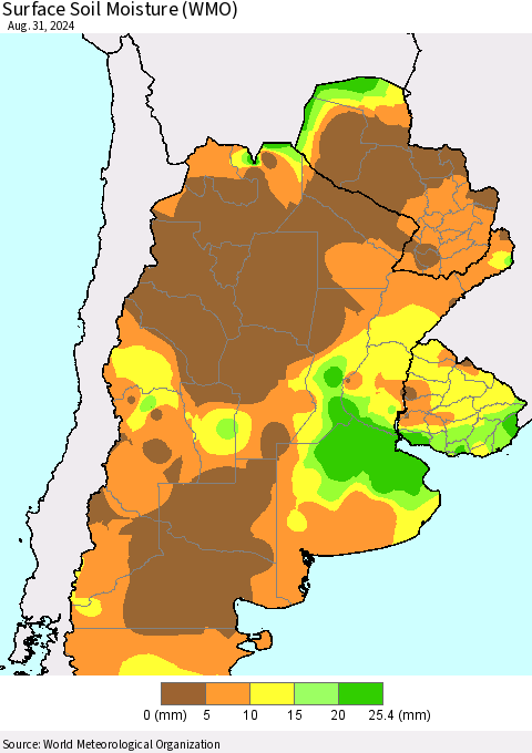 Southern South America Surface Soil Moisture (WMO) Thematic Map For 8/26/2024 - 8/31/2024