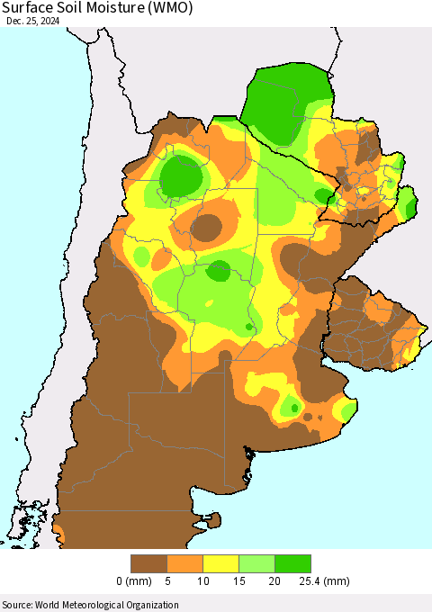 Southern South America Surface Soil Moisture (WMO) Thematic Map For 12/21/2024 - 12/25/2024