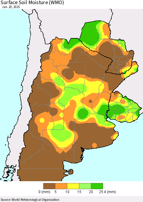 Southern South America Surface Soil Moisture (WMO) Thematic Map For 1/16/2025 - 1/20/2025