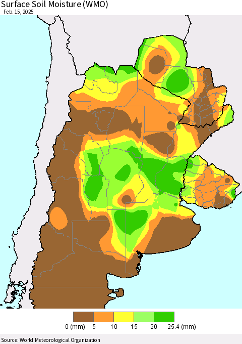 Southern South America Surface Soil Moisture (WMO) Thematic Map For 2/11/2025 - 2/15/2025