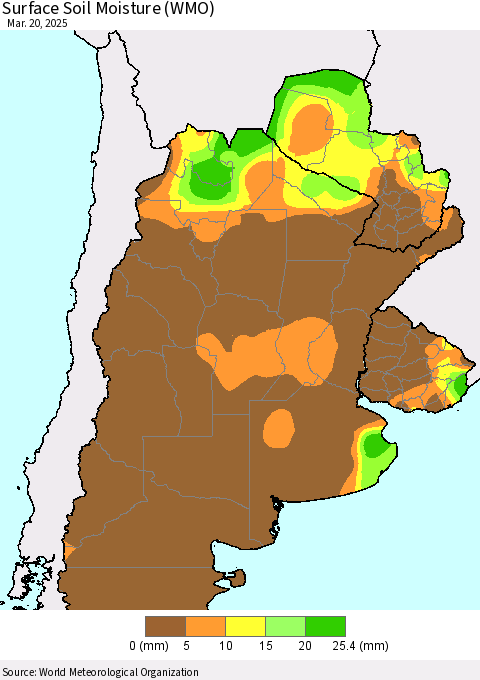 Southern South America Surface Soil Moisture (WMO) Thematic Map For 3/16/2025 - 3/20/2025