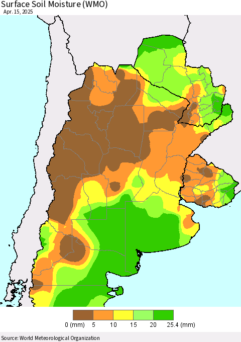 Southern South America Surface Soil Moisture (WMO) Thematic Map For 4/11/2025 - 4/15/2025
