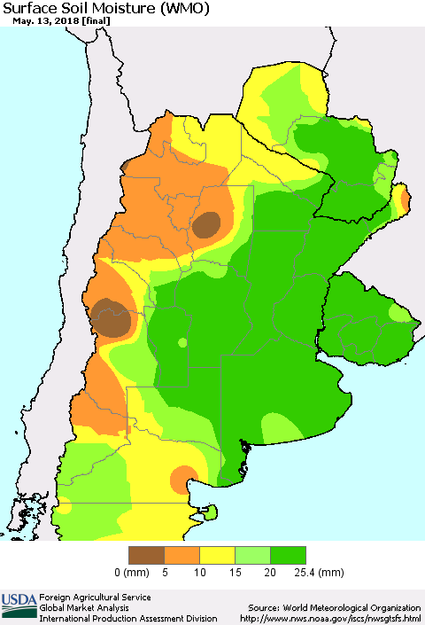 Southern South America Surface Soil Moisture (WMO) Thematic Map For 5/7/2018 - 5/13/2018