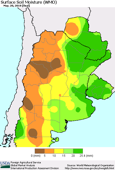 Southern South America Surface Soil Moisture (WMO) Thematic Map For 5/14/2018 - 5/20/2018