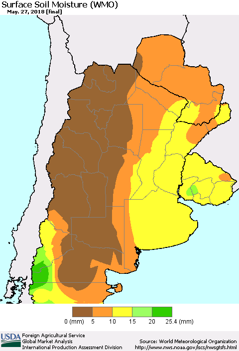 Southern South America Surface Soil Moisture (WMO) Thematic Map For 5/21/2018 - 5/27/2018