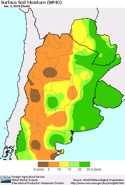 Southern South America Surface Soil Moisture (WMO) Thematic Map For 5/28/2018 - 6/3/2018