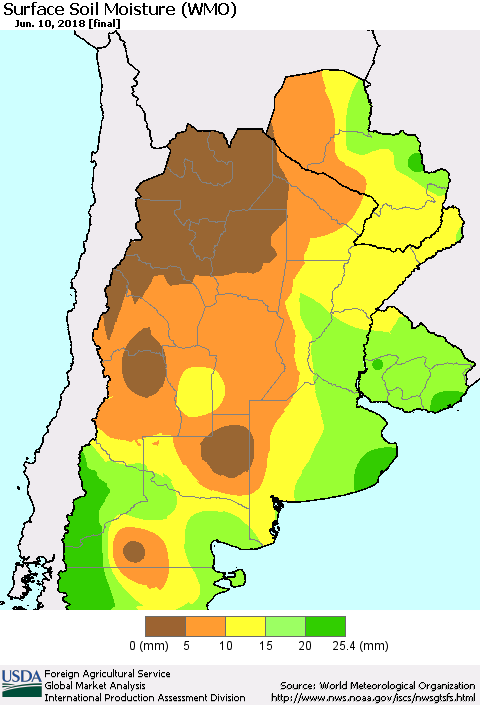 Southern South America Surface Soil Moisture (WMO) Thematic Map For 6/4/2018 - 6/10/2018