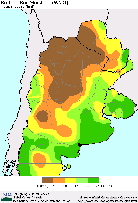 Southern South America Surface Soil Moisture (WMO) Thematic Map For 6/11/2018 - 6/17/2018