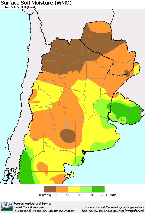 Southern South America Surface Soil Moisture (WMO) Thematic Map For 6/18/2018 - 6/24/2018