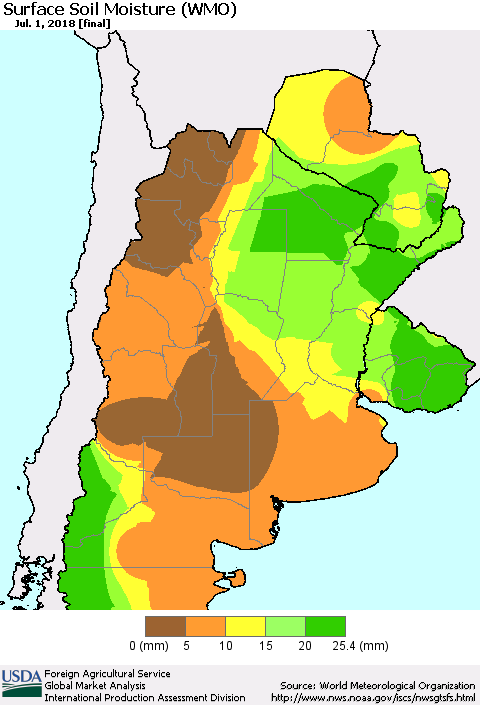 Southern South America Surface Soil Moisture (WMO) Thematic Map For 6/25/2018 - 7/1/2018