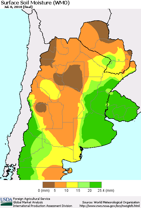 Southern South America Surface Soil Moisture (WMO) Thematic Map For 7/2/2018 - 7/8/2018