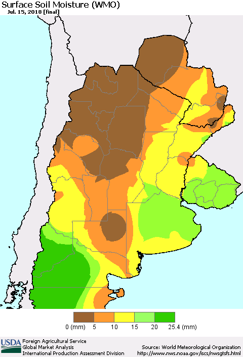 Southern South America Surface Soil Moisture (WMO) Thematic Map For 7/9/2018 - 7/15/2018