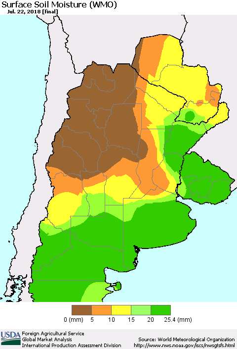 Southern South America Surface Soil Moisture (WMO) Thematic Map For 7/16/2018 - 7/22/2018