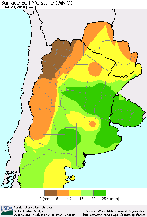 Southern South America Surface Soil Moisture (WMO) Thematic Map For 7/23/2018 - 7/29/2018