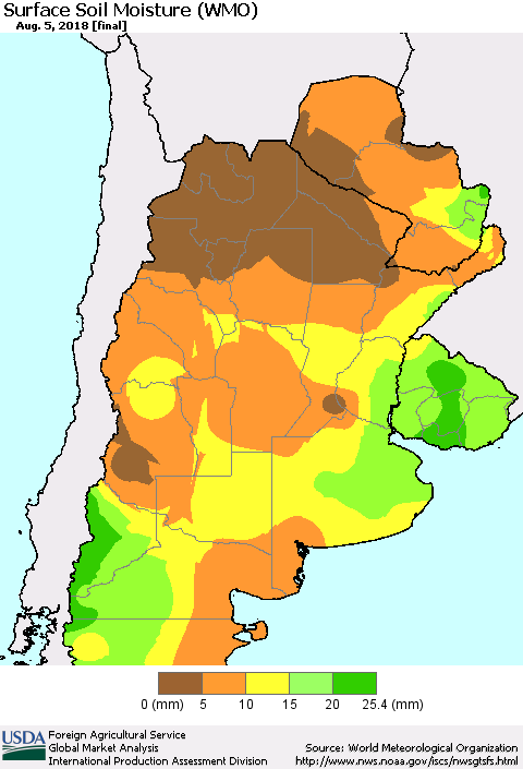 Southern South America Surface Soil Moisture (WMO) Thematic Map For 7/30/2018 - 8/5/2018