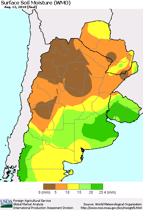 Southern South America Surface Soil Moisture (WMO) Thematic Map For 8/6/2018 - 8/12/2018
