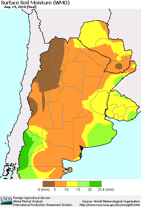 Southern South America Surface Soil Moisture (WMO) Thematic Map For 8/13/2018 - 8/19/2018