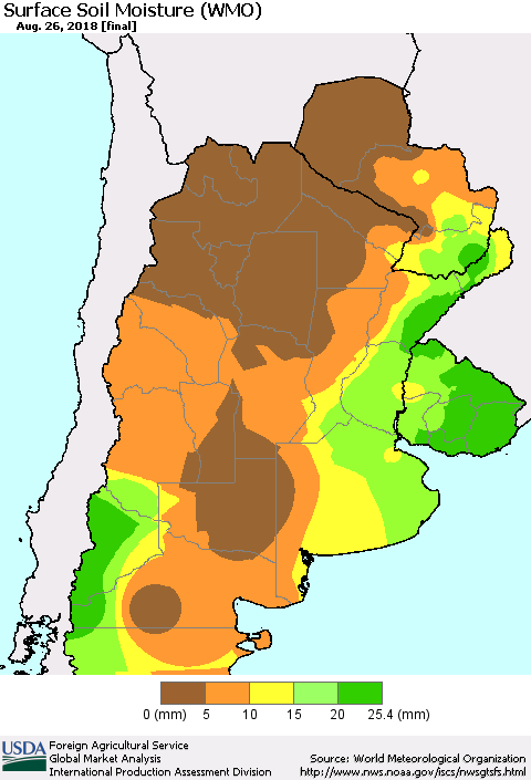 Southern South America Surface Soil Moisture (WMO) Thematic Map For 8/20/2018 - 8/26/2018