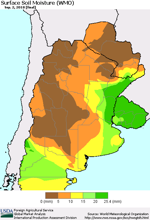 Southern South America Surface Soil Moisture (WMO) Thematic Map For 8/27/2018 - 9/2/2018