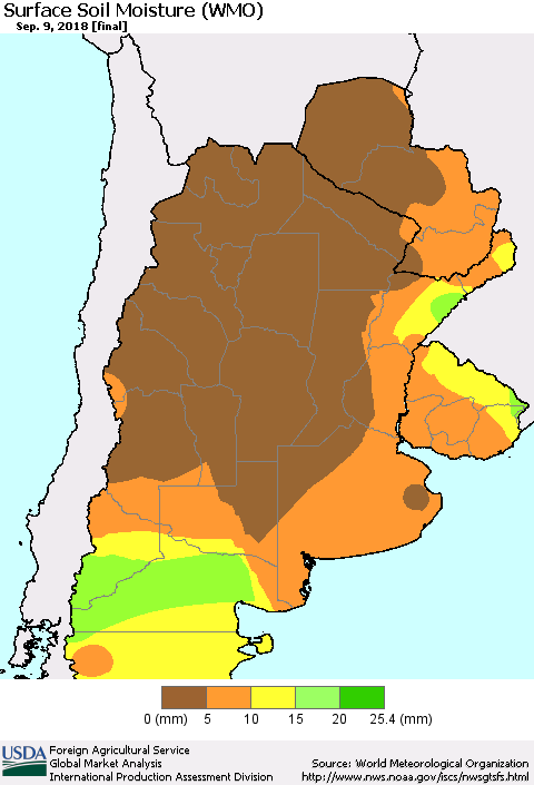 Southern South America Surface Soil Moisture (WMO) Thematic Map For 9/3/2018 - 9/9/2018