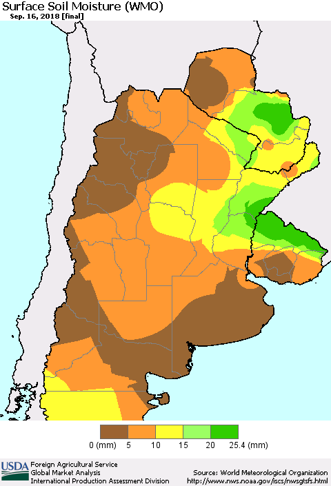Southern South America Surface Soil Moisture (WMO) Thematic Map For 9/10/2018 - 9/16/2018