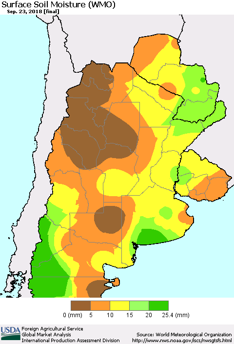 Southern South America Surface Soil Moisture (WMO) Thematic Map For 9/17/2018 - 9/23/2018
