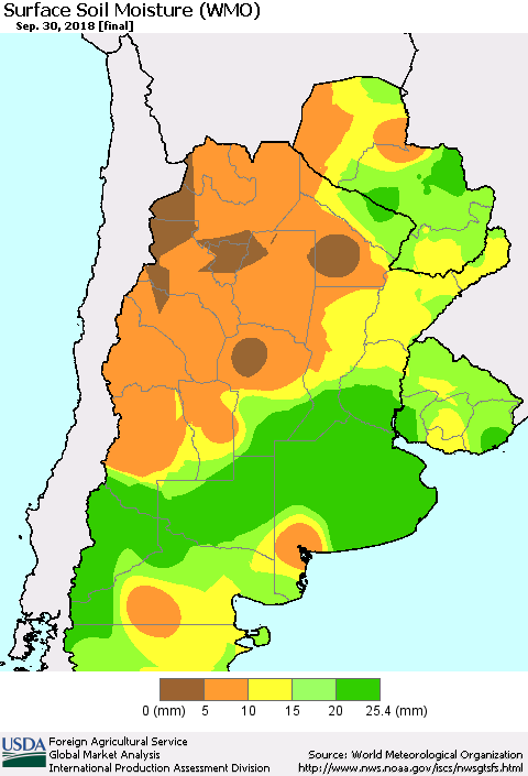 Southern South America Surface Soil Moisture (WMO) Thematic Map For 9/24/2018 - 9/30/2018